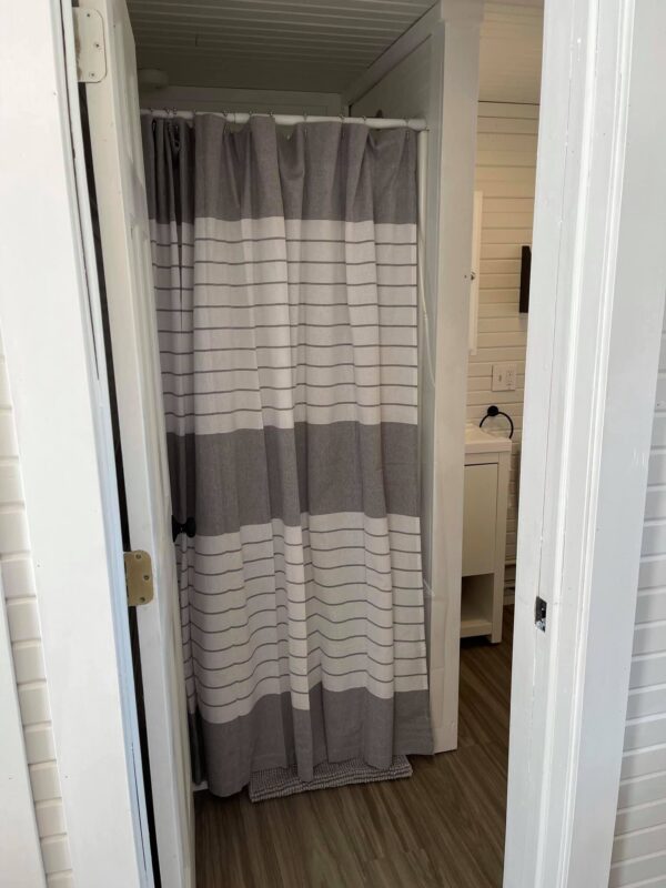 A bathroom with a shower curtain and toilet.